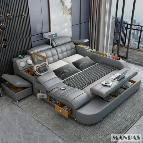 MANBAS Tech Smart Genuine Leather Bed | Multifunctional Ultimate Beds | Massage Tatami Bed with Projecter | Upholstered Cama - Image 14