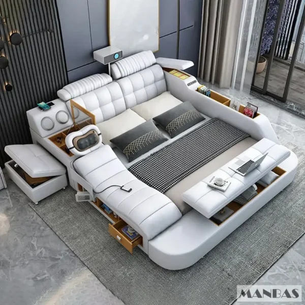 MANBAS Tech Smart Genuine Leather Bed | Multifunctional Ultimate Beds | Massage Tatami Bed with Projecter | Upholstered Cama - Image 3