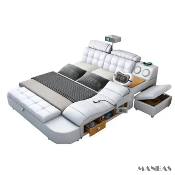 MANBAS Tech Smart Genuine Leather Bed | Multifunctional Ultimate Beds | Massage Tatami Bed with Projecter | Upholstered Cama - Image 6