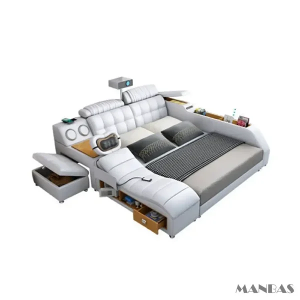 MANBAS Tech Smart Genuine Leather Bed | Multifunctional Ultimate Beds | Massage Tatami Bed with Projecter | Upholstered Cama - Image 5