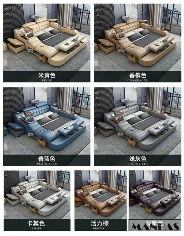 MANBAS Tech Smart Genuine Leather Bed | Multifunctional Ultimate Beds | Massage Tatami Bed with Projecter | Upholstered Cama