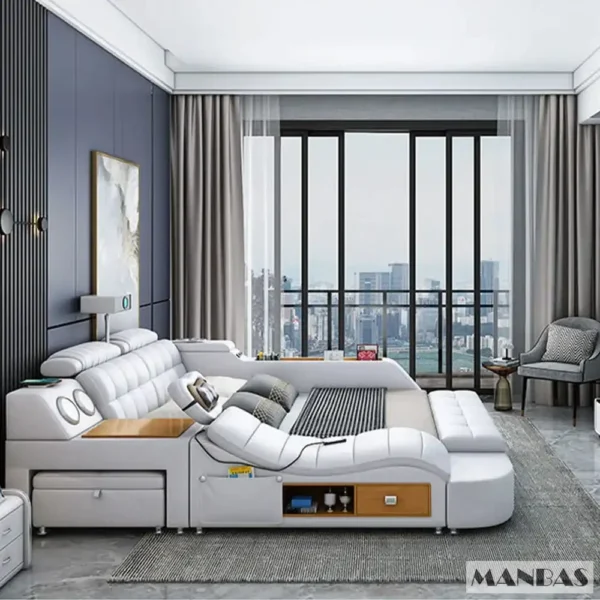 MANBAS Tech Smart Genuine Leather Bed | Multifunctional Ultimate Beds | Massage Tatami Bed with Projecter | Upholstered Cama - Image 12