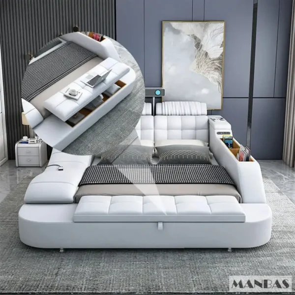 MANBAS Tech Smart Genuine Leather Bed | Multifunctional Ultimate Beds | Massage Tatami Bed with Projecter | Upholstered Cama - Image 11