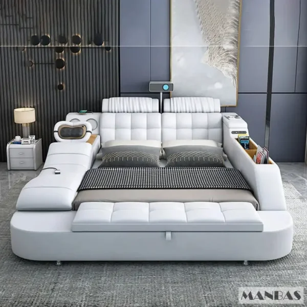 MANBAS Tech Smart Genuine Leather Bed | Multifunctional Ultimate Beds | Massage Tatami Bed with Projecter | Upholstered Cama - Image 13