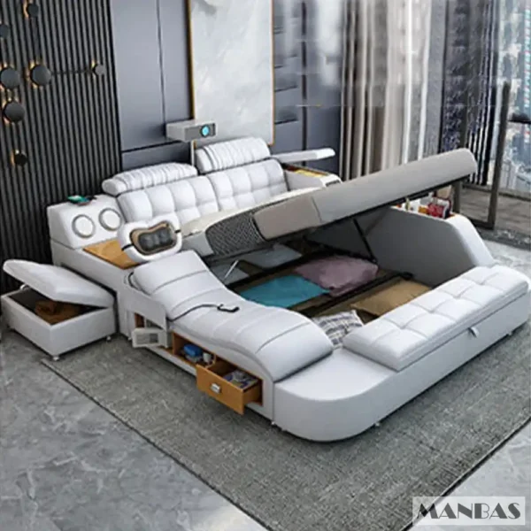 MANBAS Tech Smart Genuine Leather Bed | Multifunctional Ultimate Beds | Massage Tatami Bed with Projecter | Upholstered Cama - Image 10
