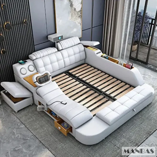 MANBAS Tech Smart Genuine Leather Bed | Multifunctional Ultimate Beds | Massage Tatami Bed with Projecter | Upholstered Cama - Image 9