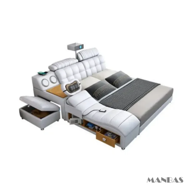 MANBAS Tech Smart Genuine Leather Bed | Multifunctional Ultimate Beds | Massage Tatami Bed with Projecter | Upholstered Cama - Image 7