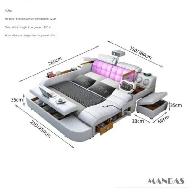 MANBAS Tech Smart Genuine Leather Bed | Multifunctional Ultimate Beds | Massage Tatami Bed with Projecter | Upholstered Cama - Image 18